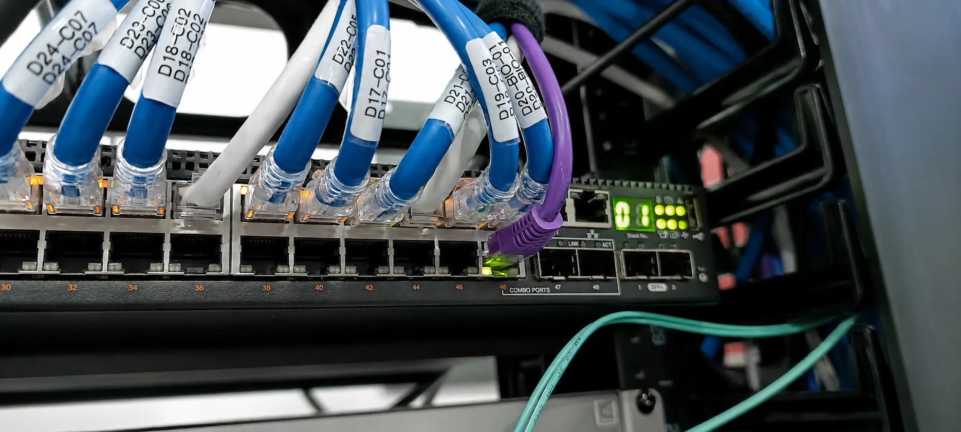 Rack cerrado con cableado peinado y etiquetado