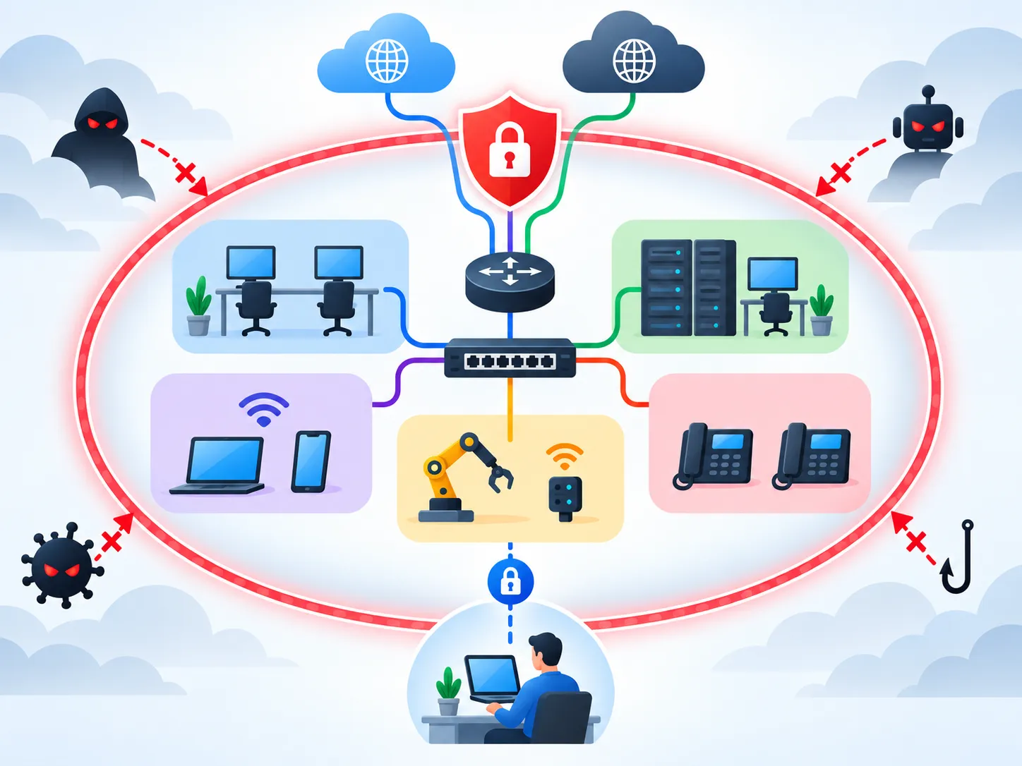Segmentación por VLANs y firewall perimetral protegiendo el tráfico de la red