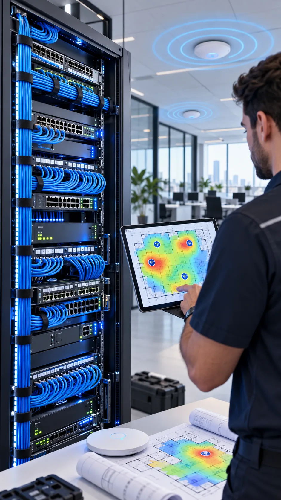 Rack de red activa con cableado certificado y site survey con mapa de calor Wi-Fi