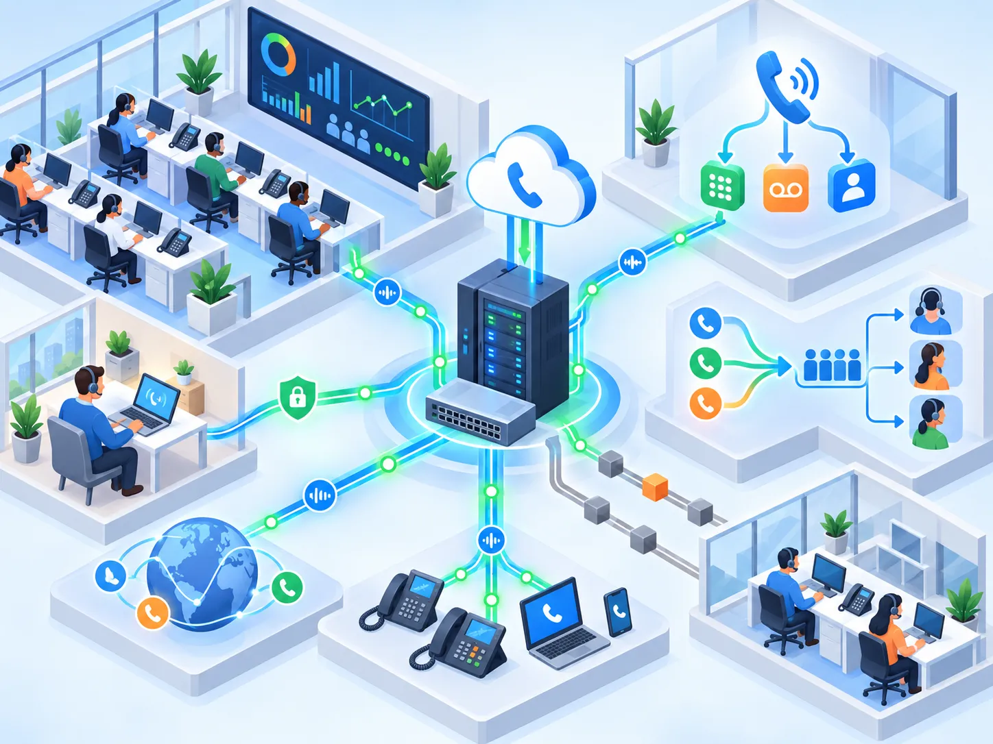 Conmutador IP, comunicaciones unificadas y estaciones de call center