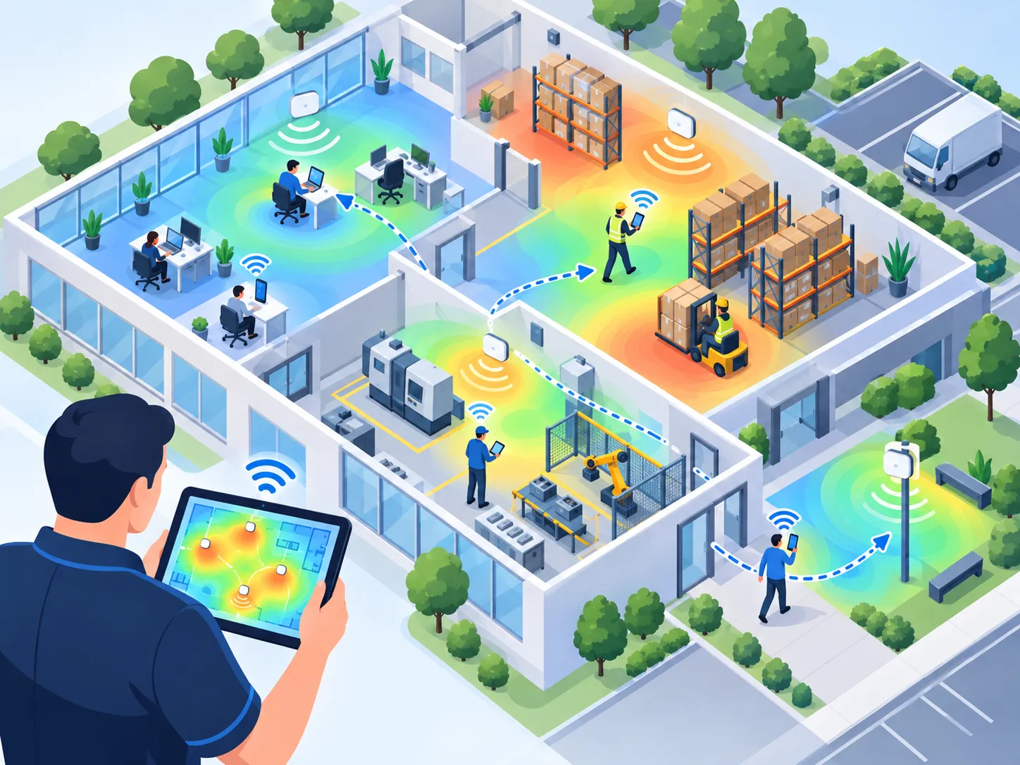 Mapa de calor Wi-Fi de un site survey con la distribución de access points
