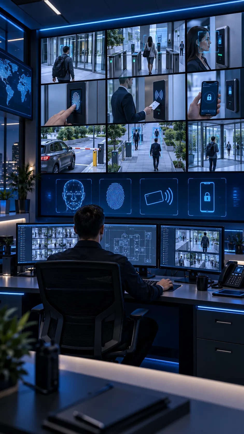Centro de monitoreo con videowall CCTV y control de acceso biométrico